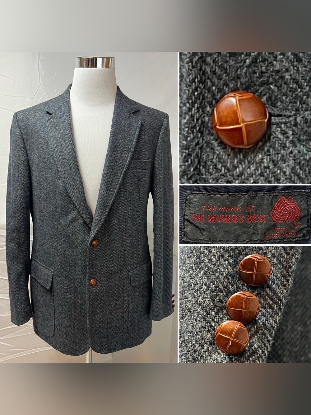 Vintage Men’s Blue Herringbone Tweed Wool Bespoke Sport Coat Blazer Jacket